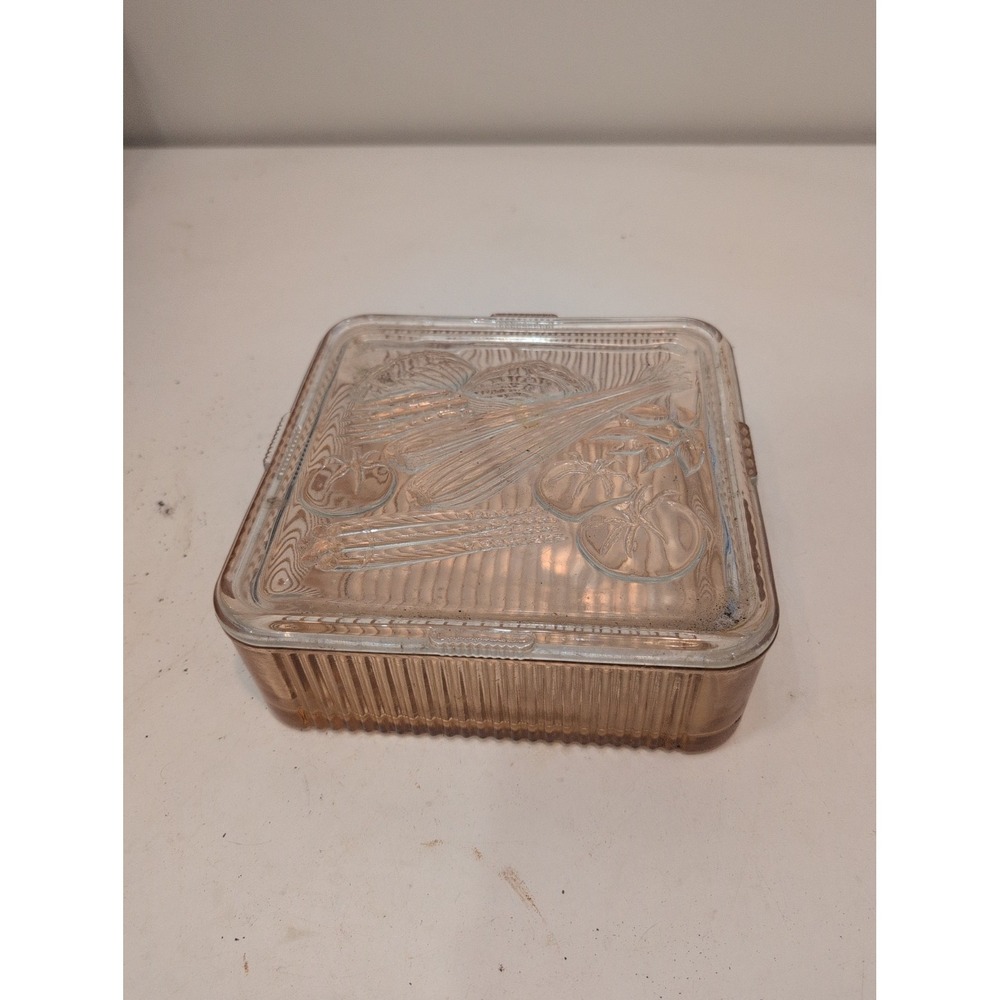 Pink Atlas Glass Vintage Glass Refrigerator Dish Embossed Vegetable + Lid
